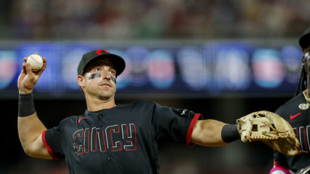 Sep 1, 2023; Cincinnati, Ohio, USA; Cincinnati Reds second baseman Spencer Steer (7) throws a ball into the stands during the ninth inning against the Chicago Cubs at Great American Ball Park. Mandatory Credit: Katie Stratman-USA TODAY Sports  